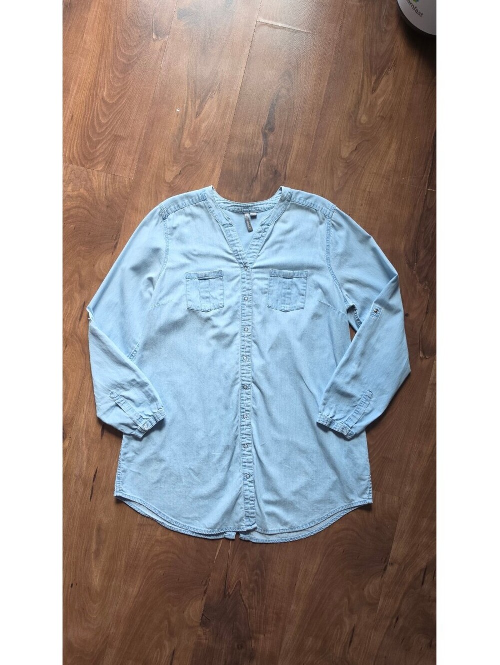 New Directions Split V-Neck Denim Button Up Roll Tab Sleeve Top XL, 443